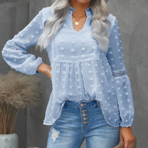 Blue Ruffled Split Neck Lace Hollow Out Puff Sleeve Polka Dot Blouse - Picture 4 of 5